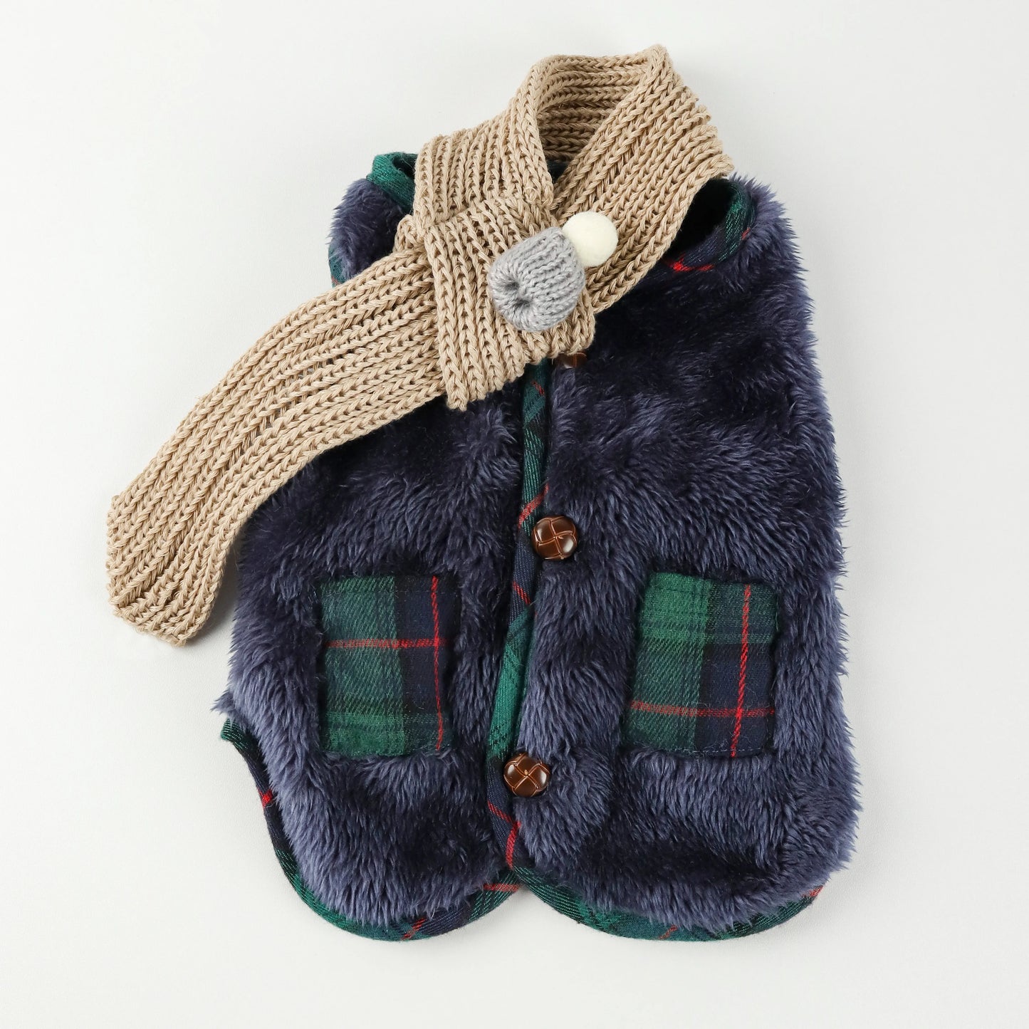 Plaid Winter Pet Coat with Knitted Scarf