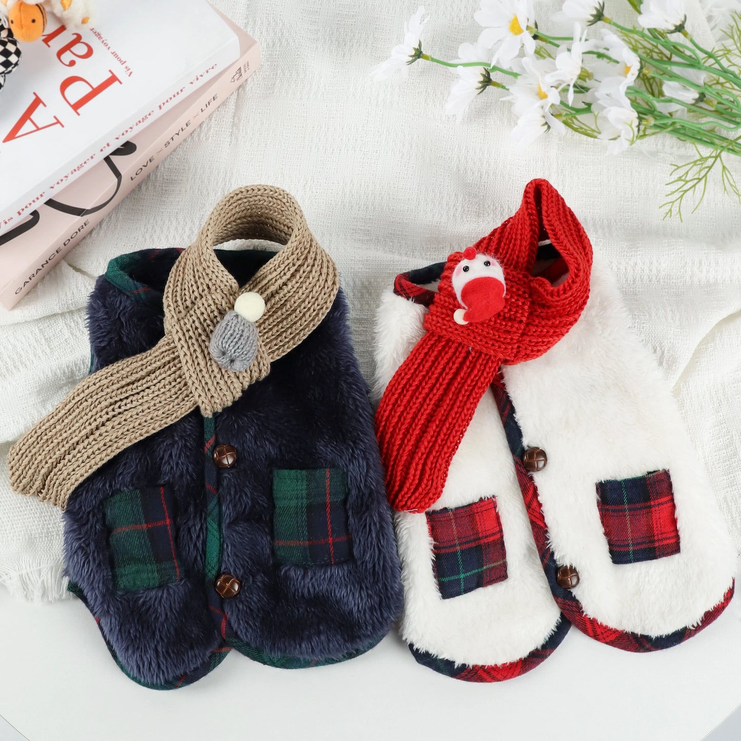 Plaid Winter Pet Coat with Knitted Scarf