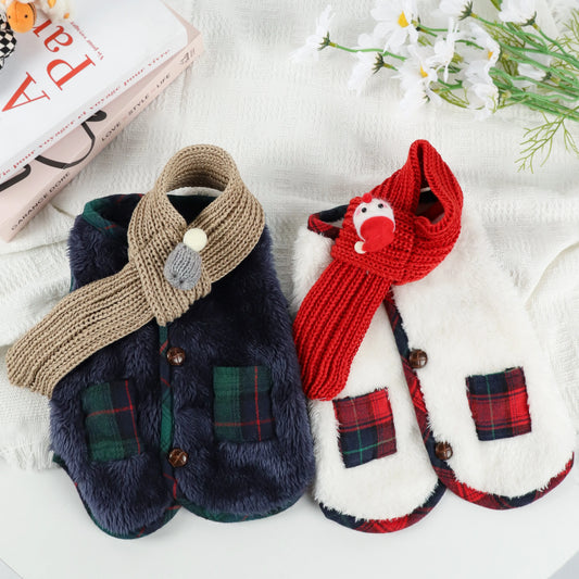 Plaid Winter Pet Coat with Knitted Scarf
