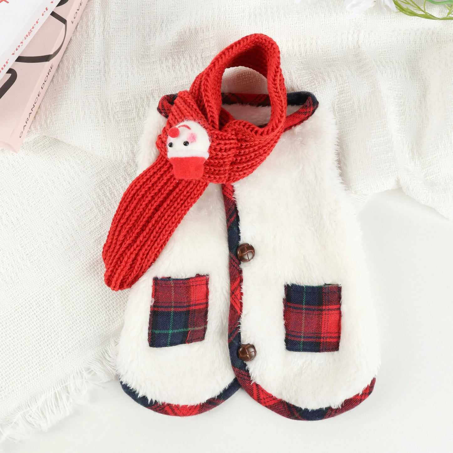 Plaid Winter Pet Coat with Knitted Scarf