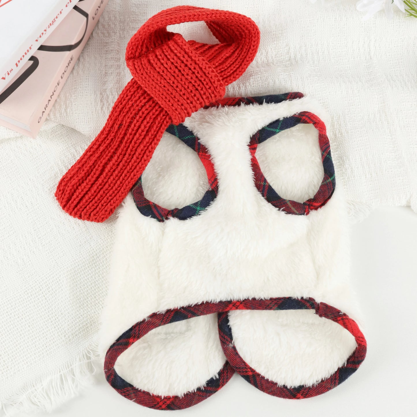 Plaid Winter Pet Coat with Knitted Scarf