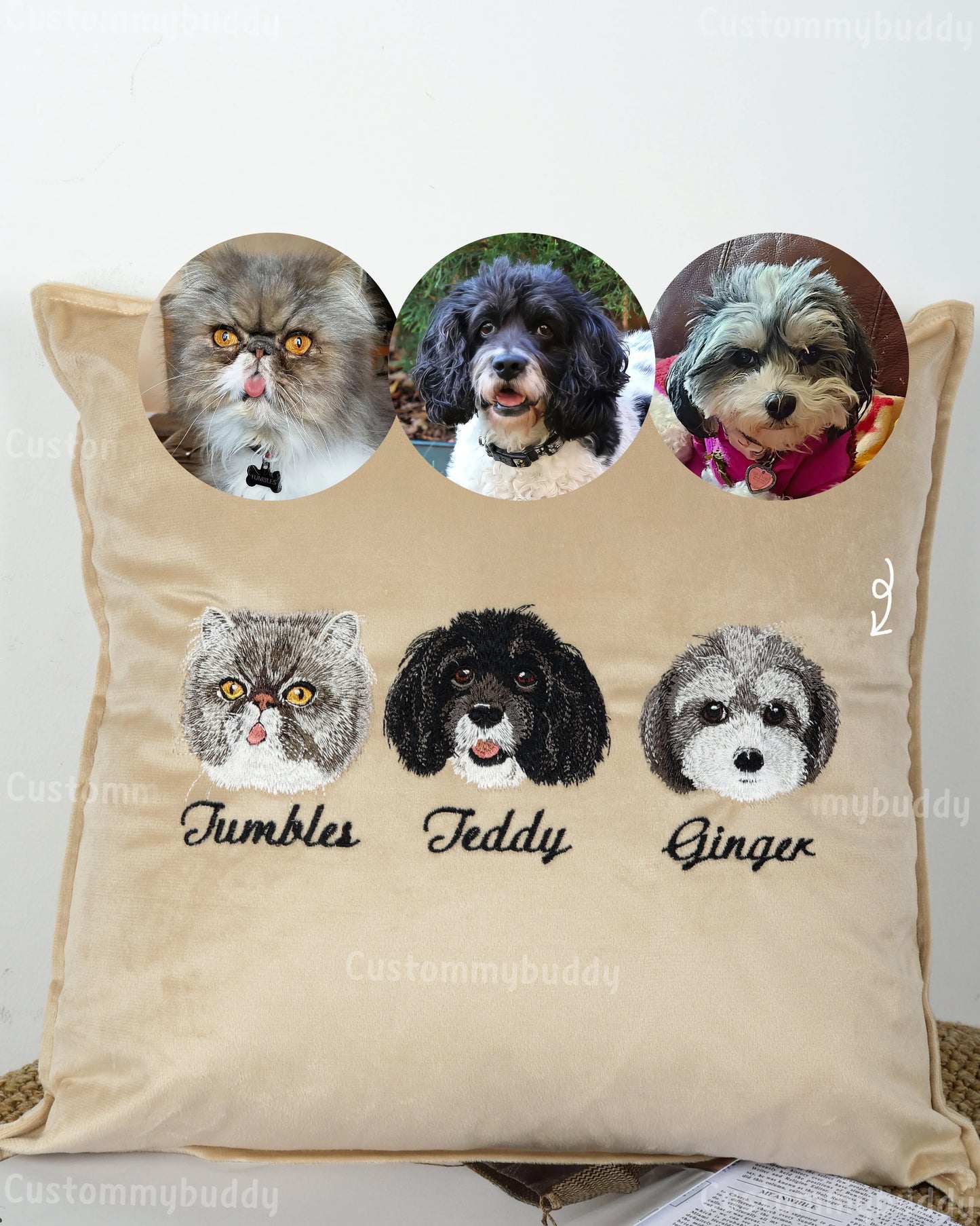 Custom Embroidered Pet Portrait Velvet Cushion