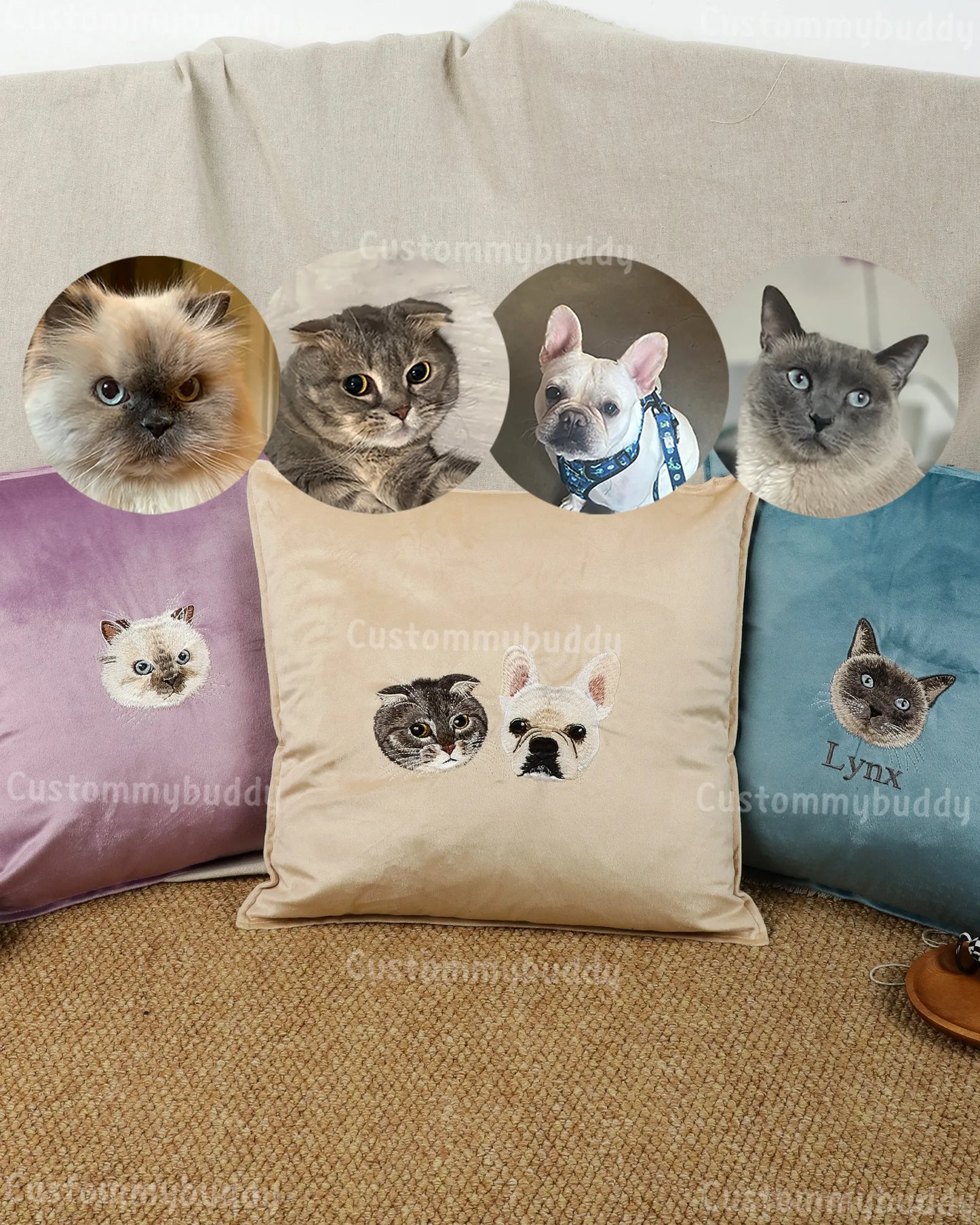 Custom Embroidered Pet Portrait Velvet Cushion