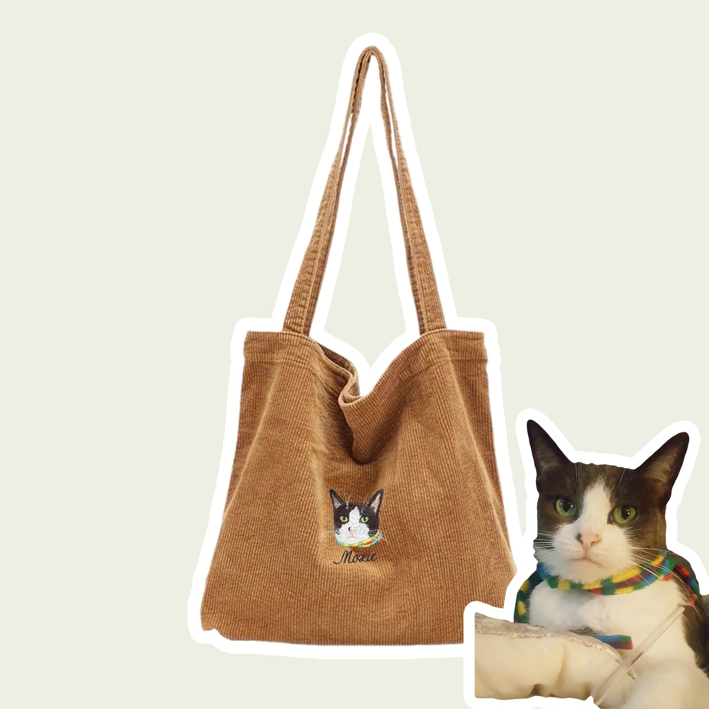 Custom Embroidered Pet Portrait Canvas Tote Bag