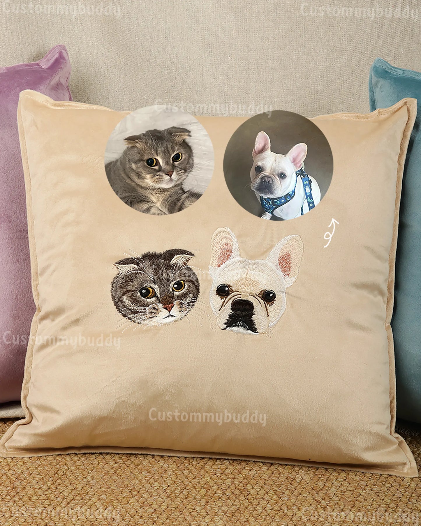 Custom Embroidered Pet Portrait Velvet Cushion