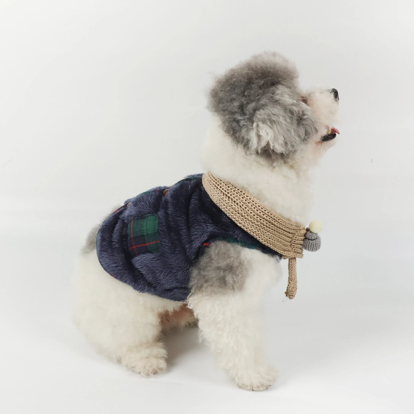 Plaid Winter Pet Coat with Knitted Scarf