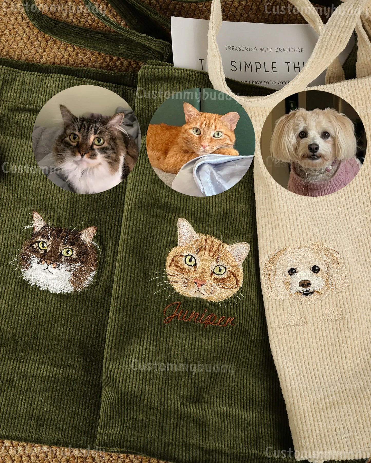 Custom Embroidered Pet Portrait Canvas Tote Bag