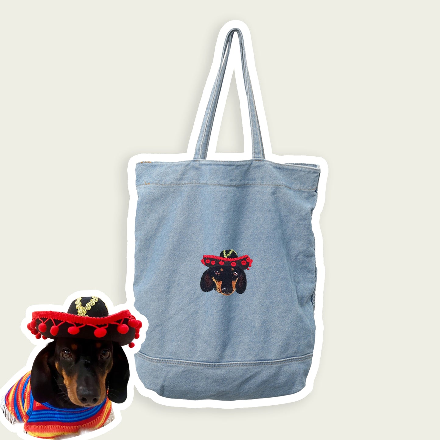 Custom Embroidered Pet Portrait Canvas Tote Bag