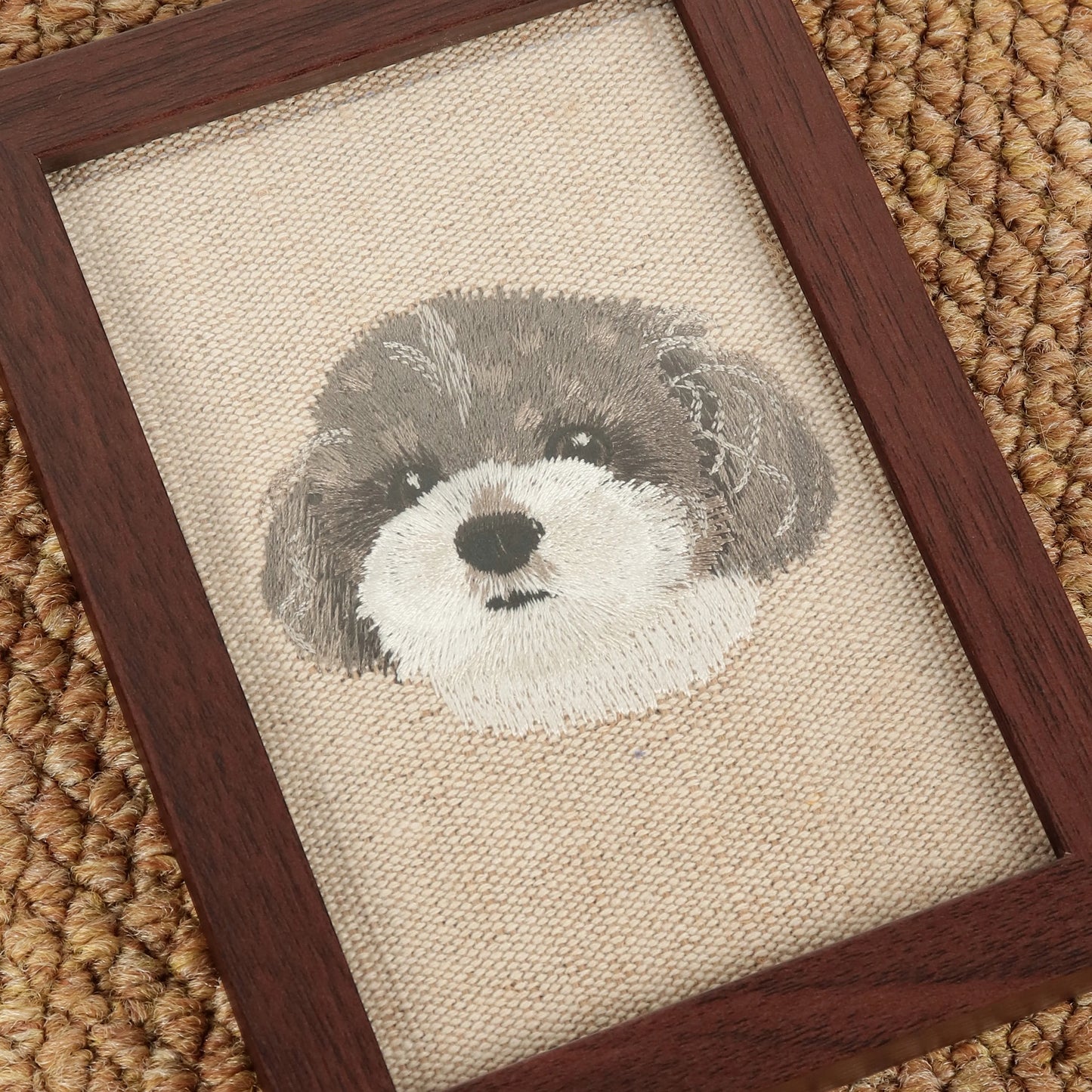 Realistic Custom Pet Portrait Embroidery in Walnut Frame