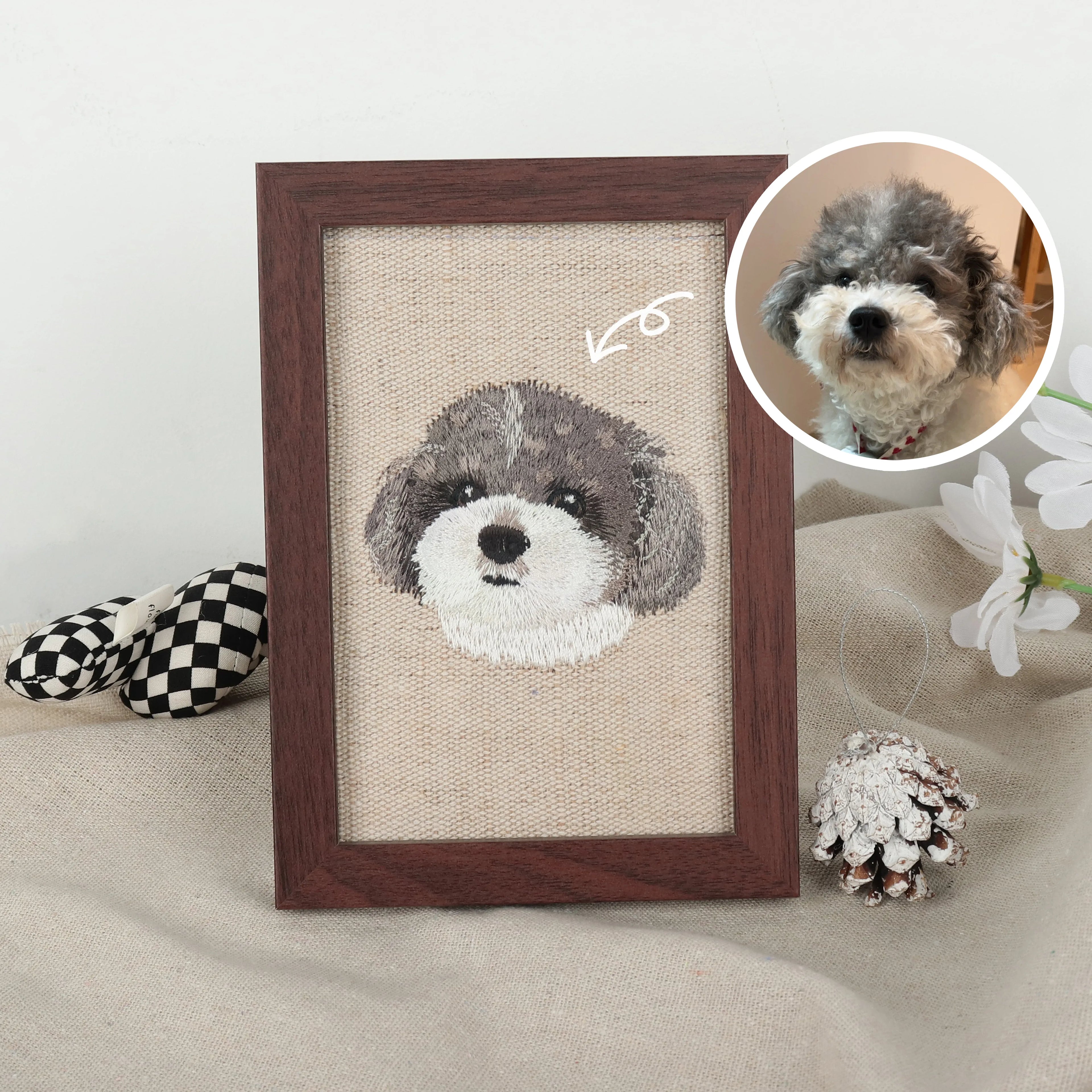Realistic Custom Pet Portrait Embroidery in Walnut Frame – product photo 3 of a custom embroidered pet portrait frame
