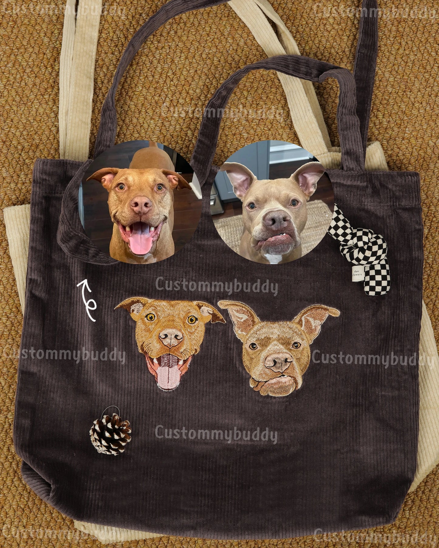 Custom Embroidered Pet Portrait Canvas Tote Bag