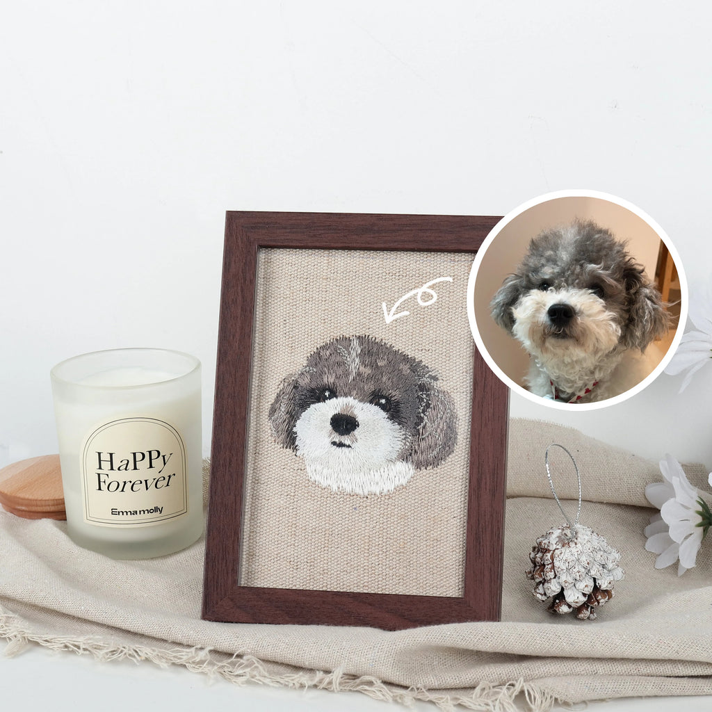Realistic Custom Pet Portrait Embroidery in Walnut Frame – second product photo of a custom embroidered pet portrait frame
