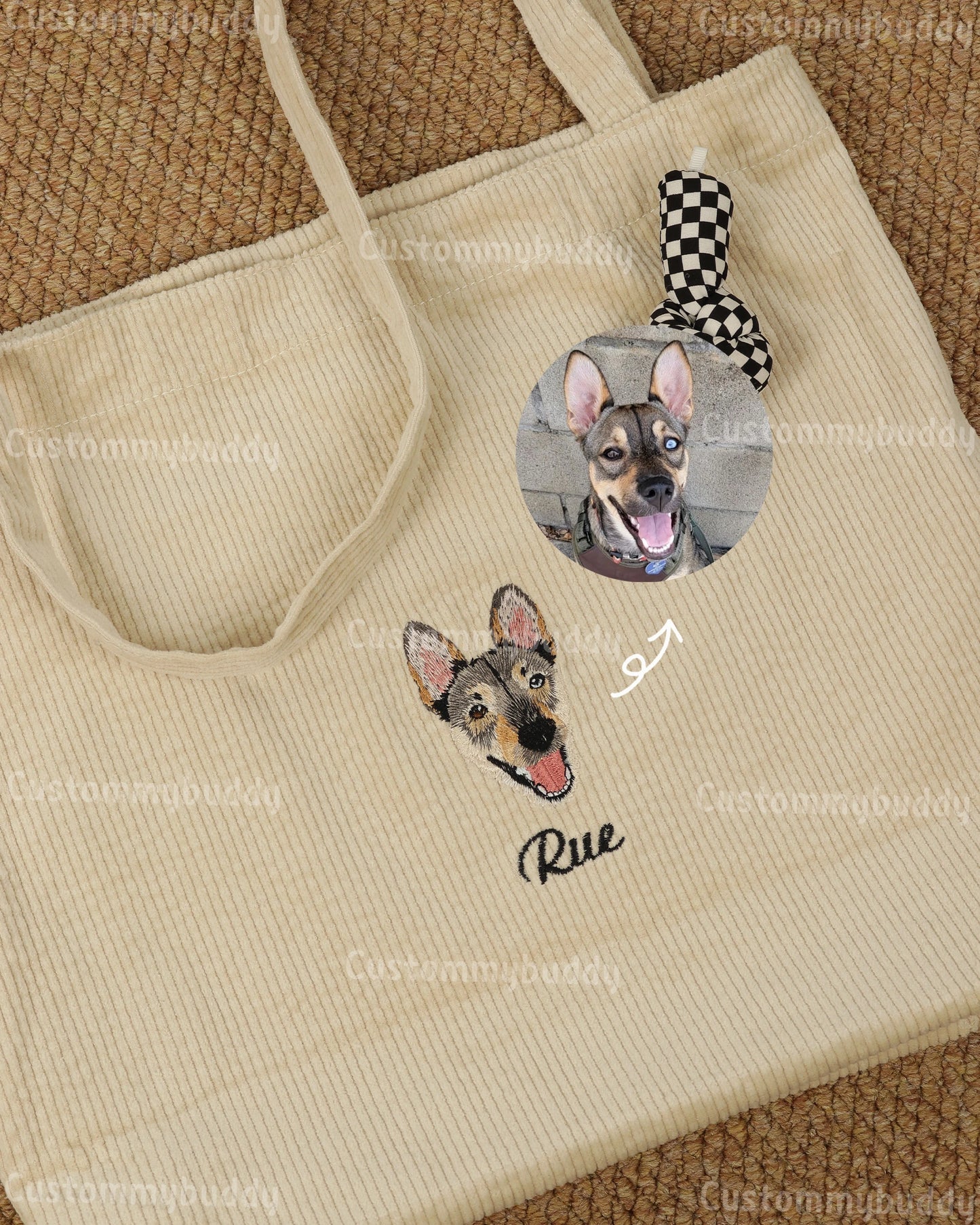 Custom Embroidered Pet Portrait Canvas Tote Bag