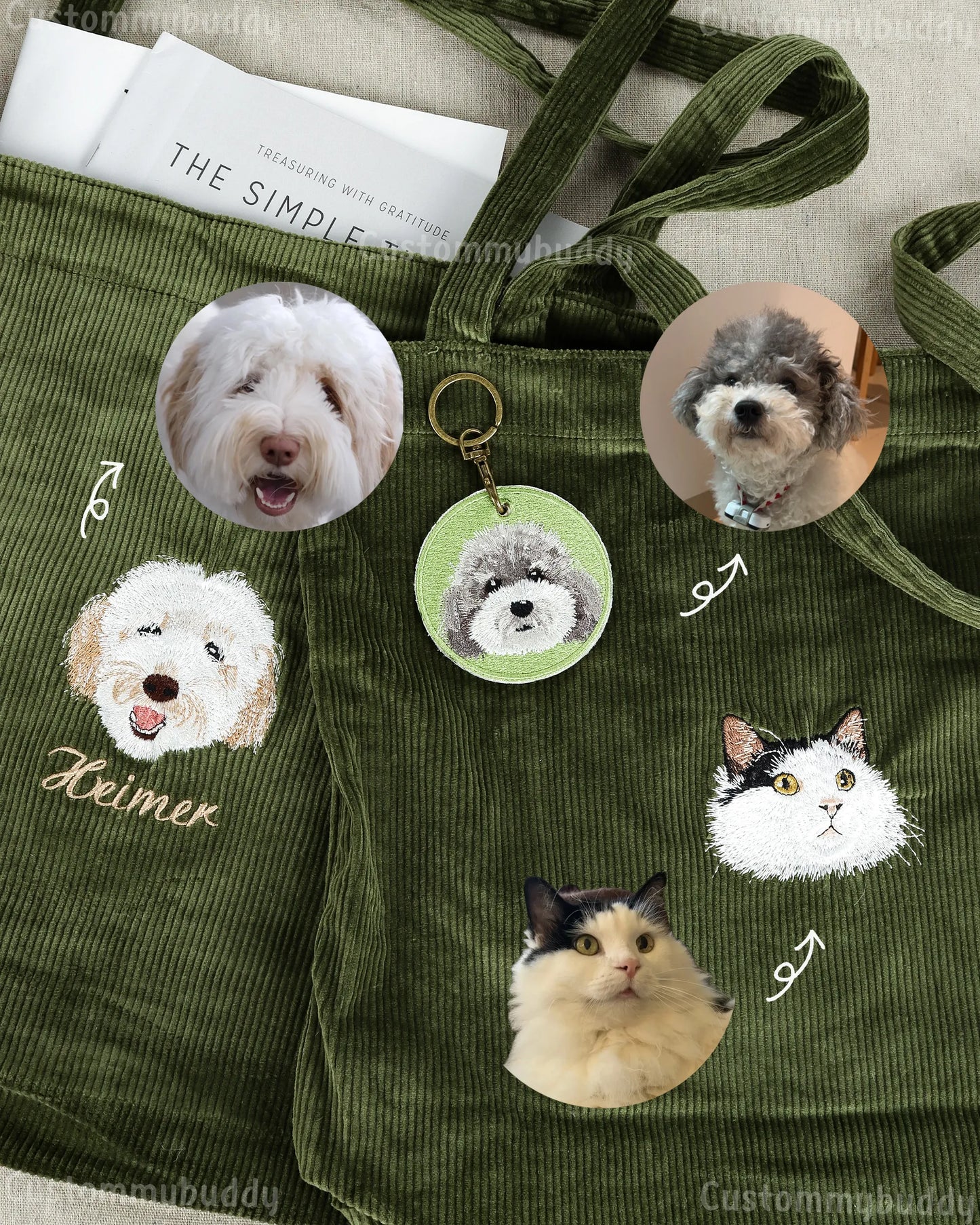 Custom Embroidered Pet Portrait Canvas Tote Bag