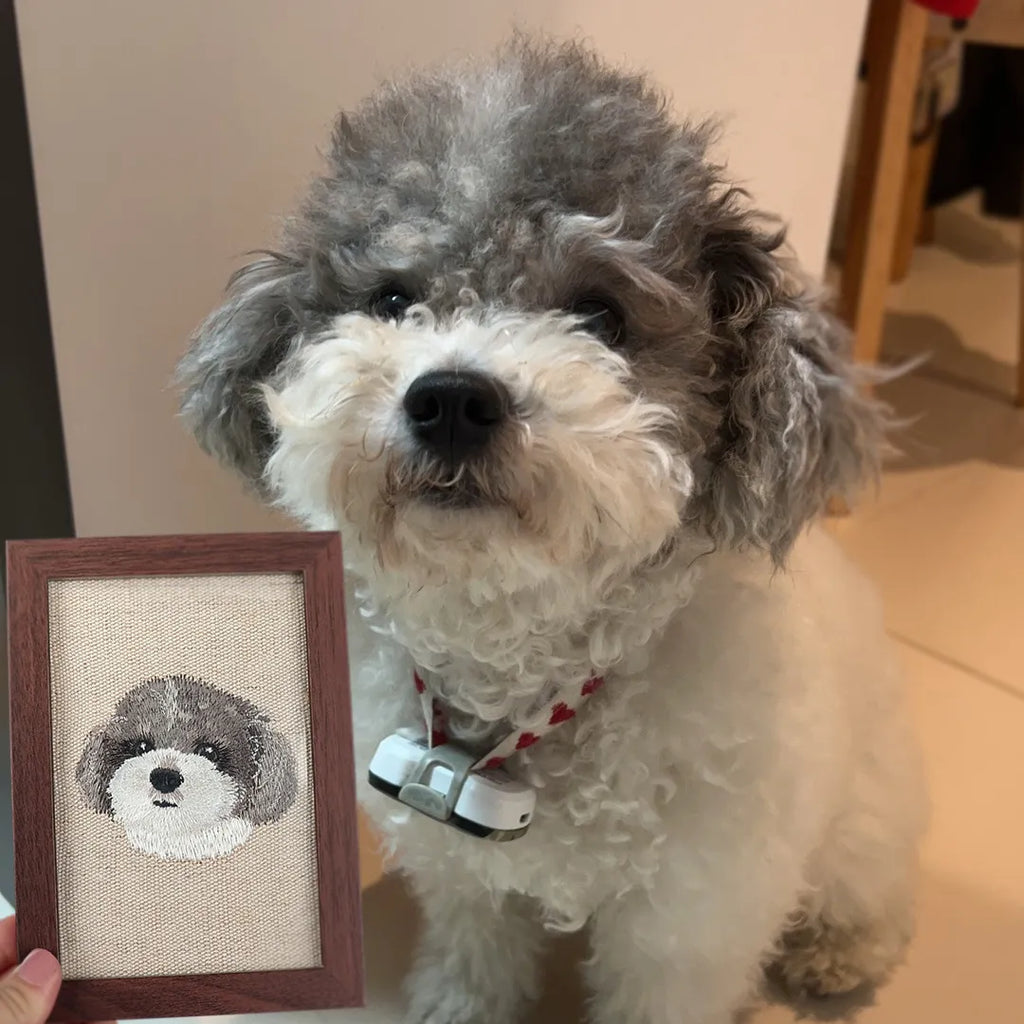 Realistic Custom Pet Portrait Embroidery in Walnut Frame – product photo 6 of a custom embroidered pet portrait frame
