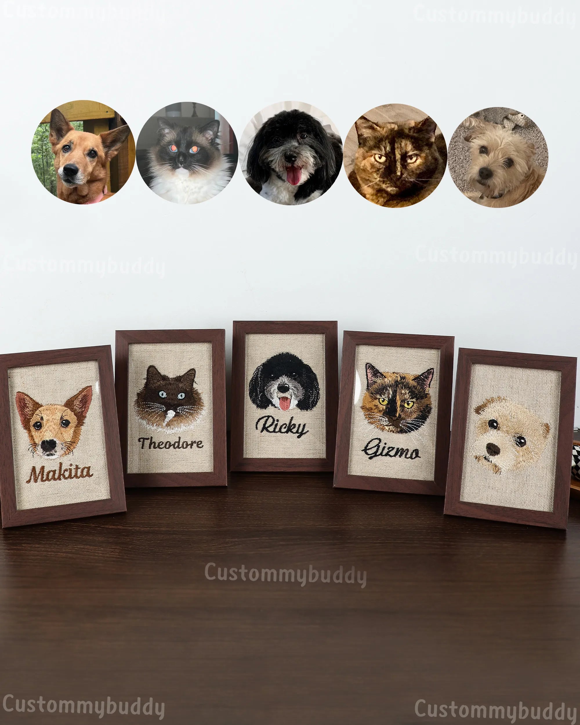 Realistic Custom Pet Portrait Embroidery in Walnut Frame – main product photo of a custom embroidered pet portrait frame