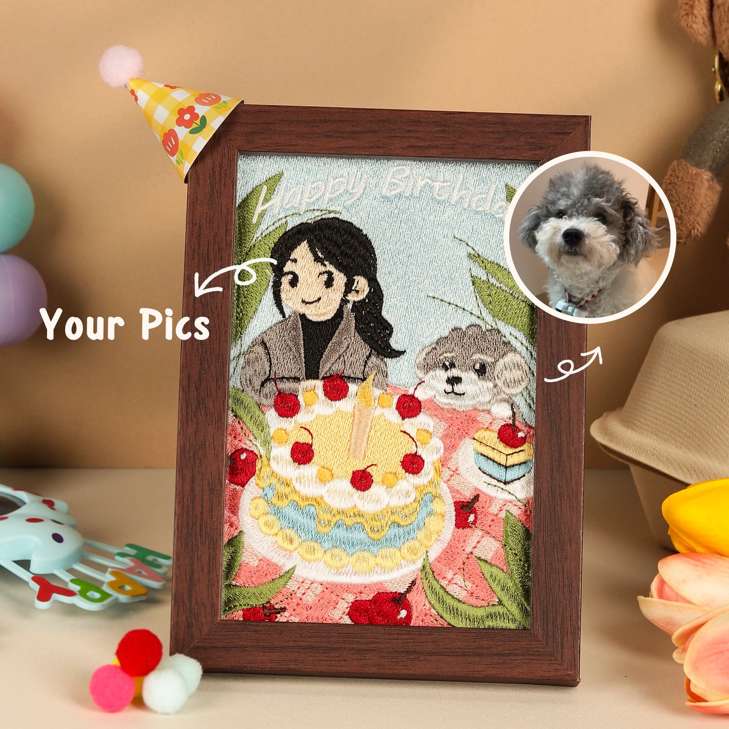 Birthday Themed Custom Photo Frame – main product photo of a custom embroidered pet portrait frame