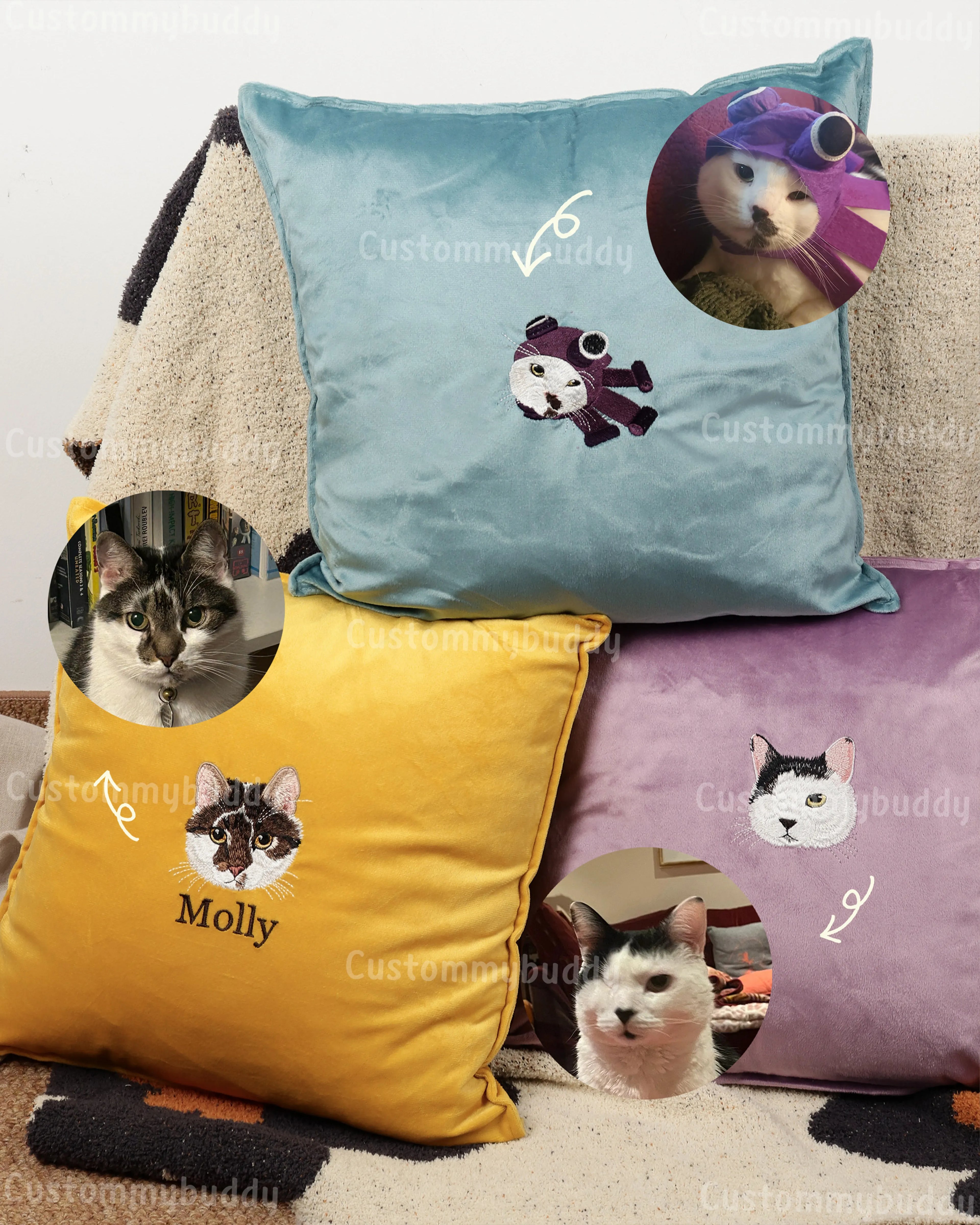 Custom Embroidered Pet Portrait Velvet Cushion – second product photo of a custom embroidered cushion
