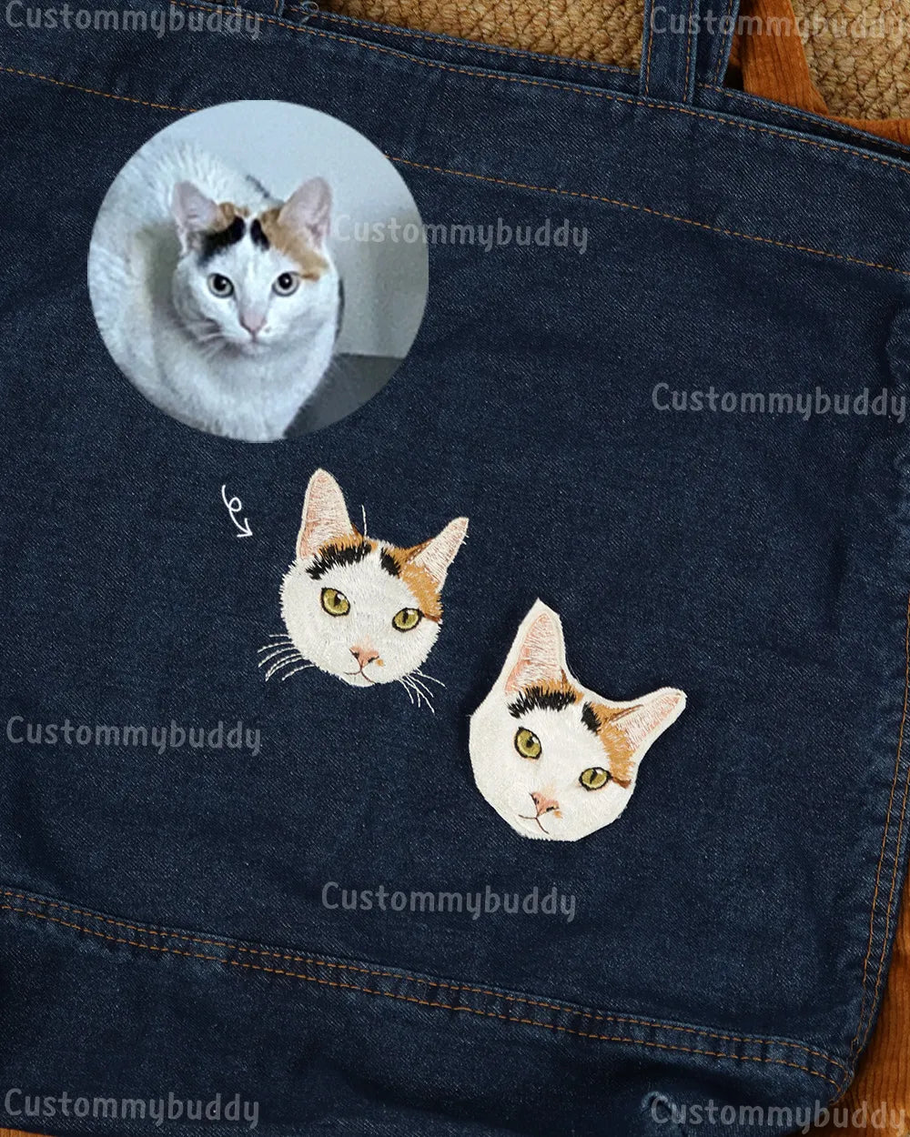 Custom Embroidered Pet Portrait Canvas Tote Bag