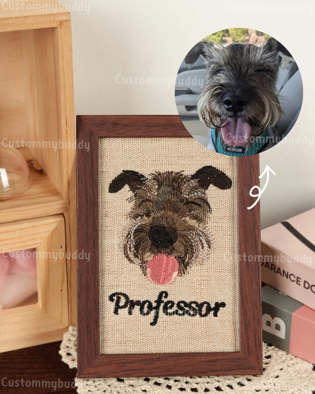 Realistic Custom Pet Portrait Embroidery in Walnut Frame – product photo 5 of a custom embroidered pet portrait frame