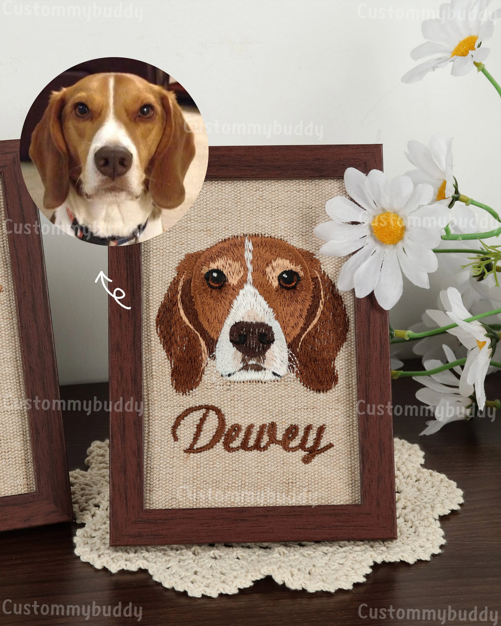 Realistic Custom Pet Portrait Embroidery in Walnut Frame – product photo 4 of a custom embroidered pet portrait frame