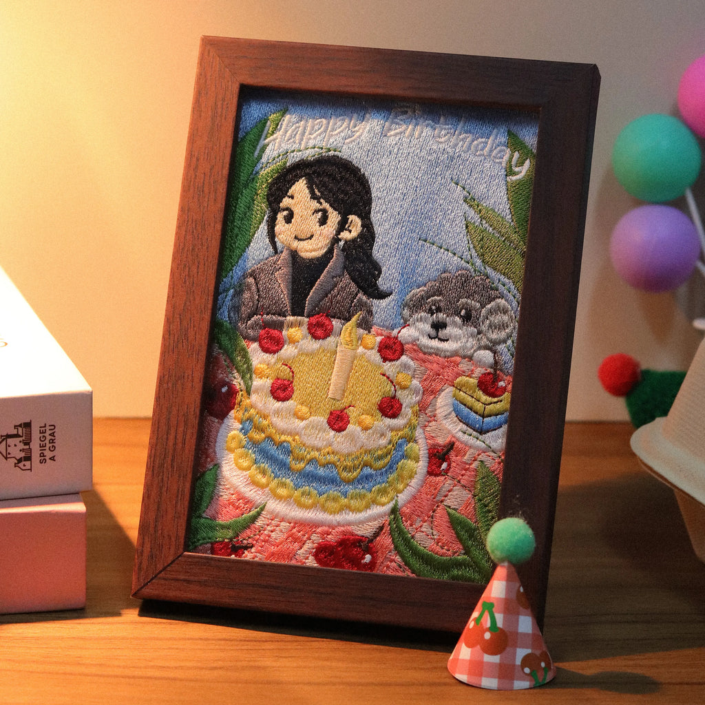 Birthday Themed Custom Photo Frame – product photo 5 of a custom embroidered pet portrait frame