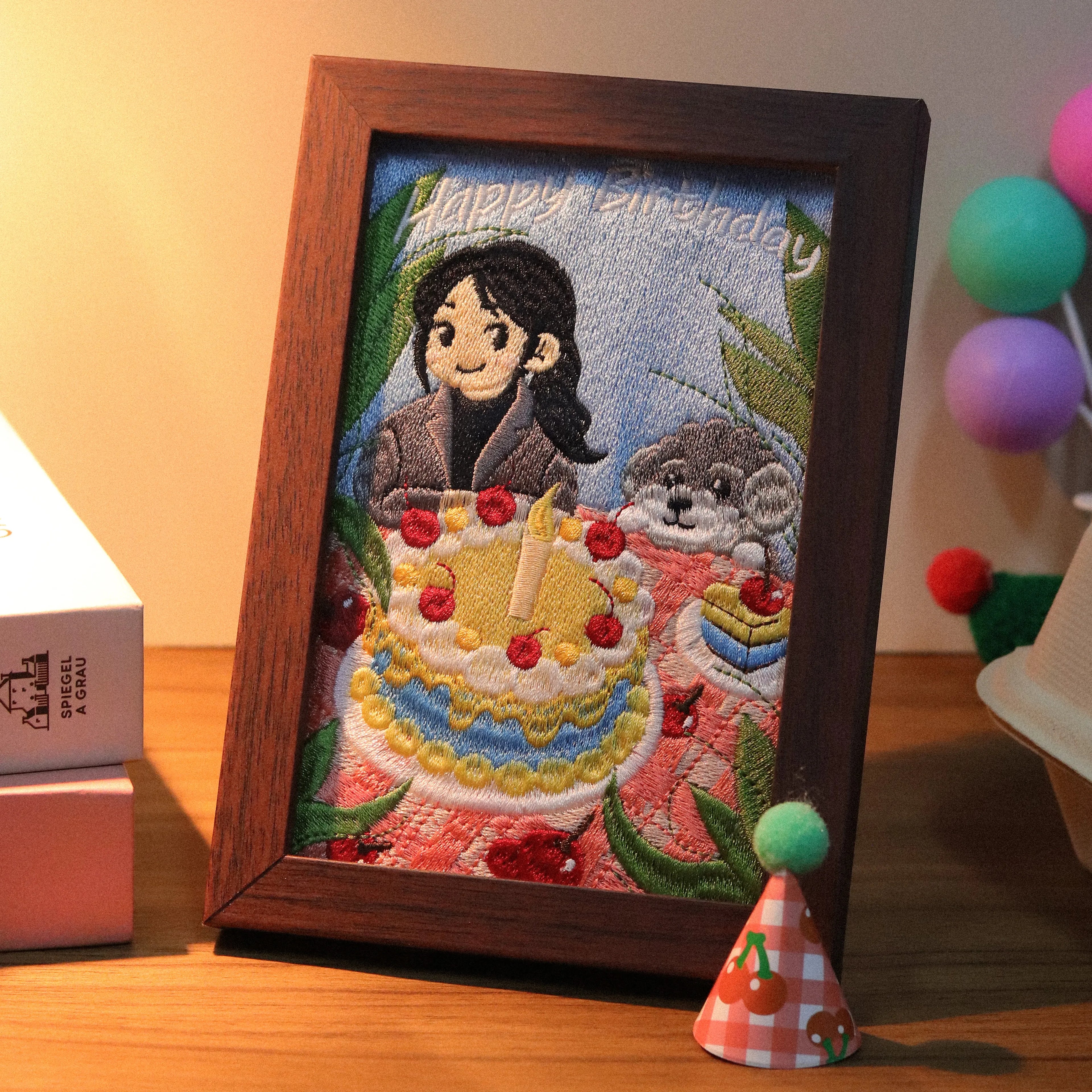 Birthday Themed Custom Photo Frame – product photo 5 of a custom embroidered pet portrait frame