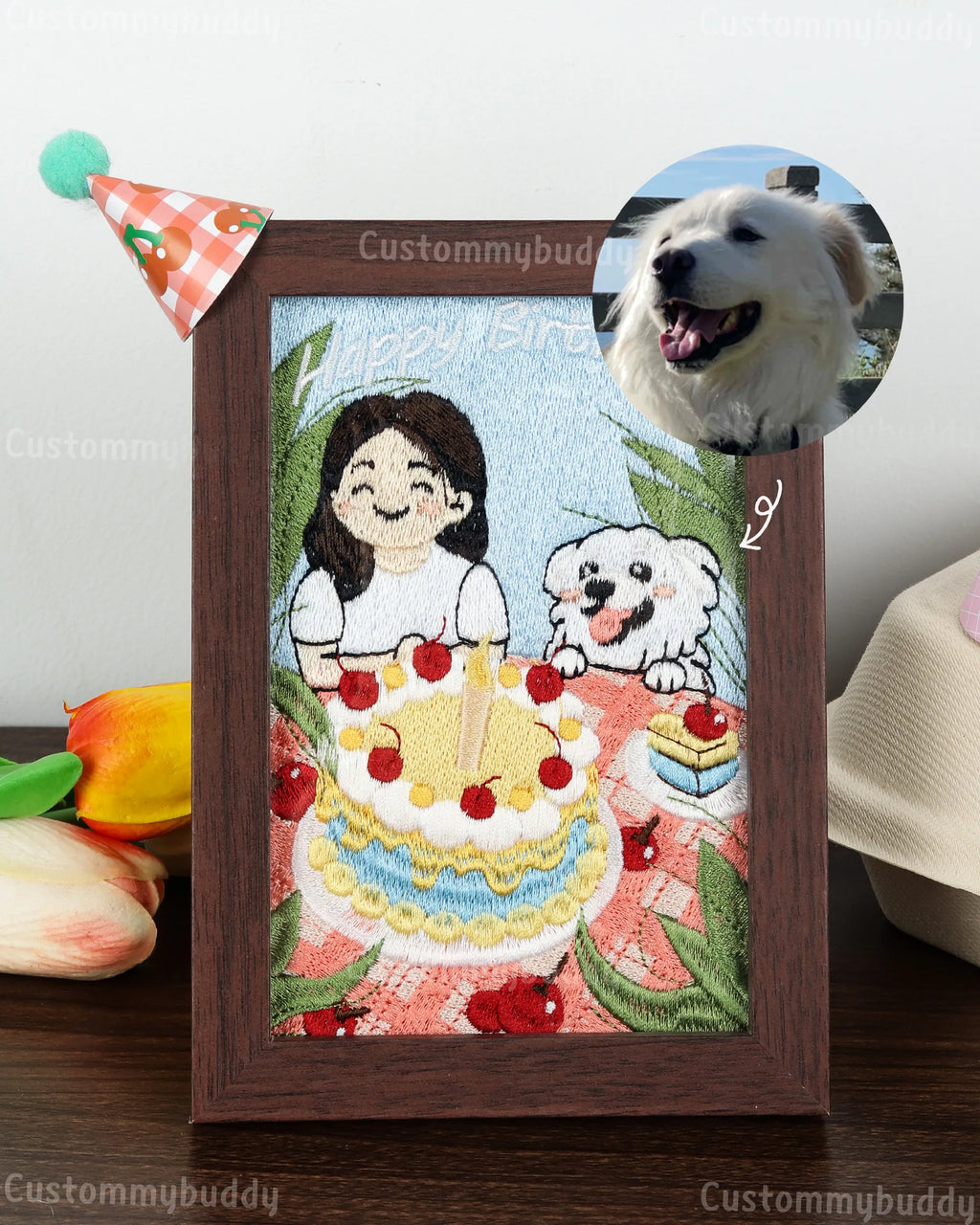 Birthday Themed Custom Photo Frame – second product photo of a custom embroidered pet portrait frame