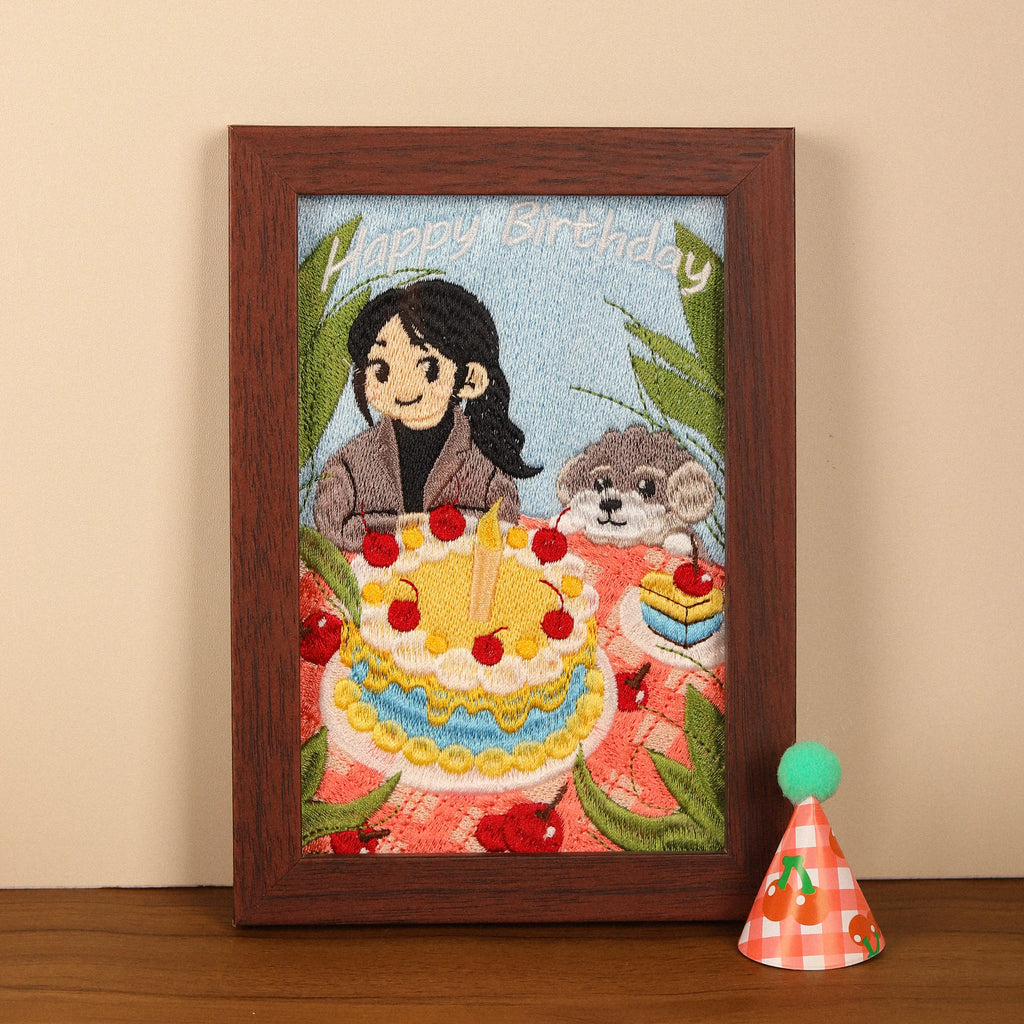 Birthday Themed Custom Photo Frame – product photo 3 of a custom embroidered pet portrait frame