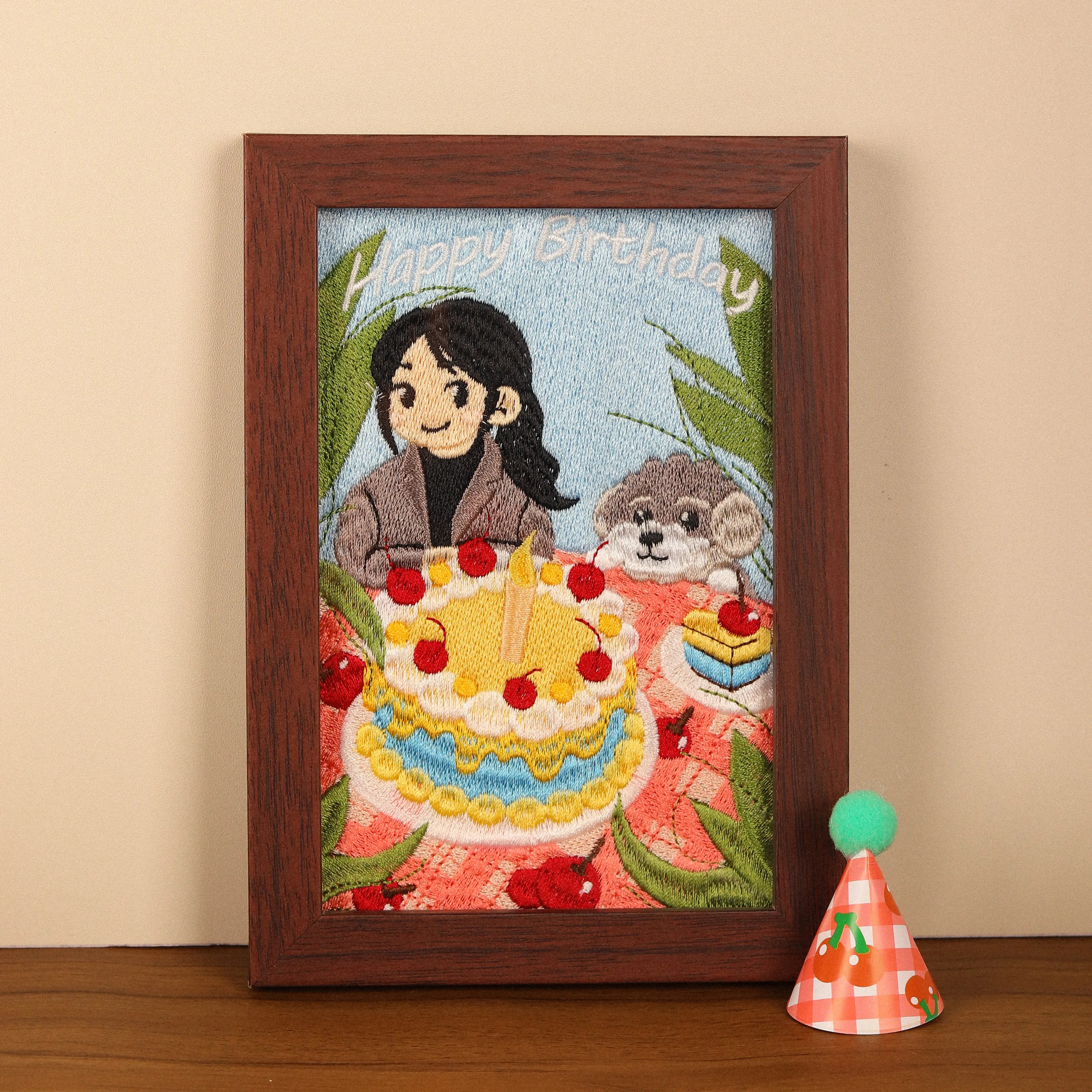 Birthday Themed Custom Photo Frame – product photo 3 of a custom embroidered pet portrait frame