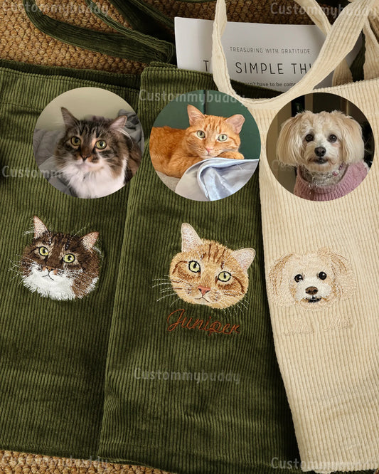 Custom Embroidered Pet Portrait Canvas Tote Bag