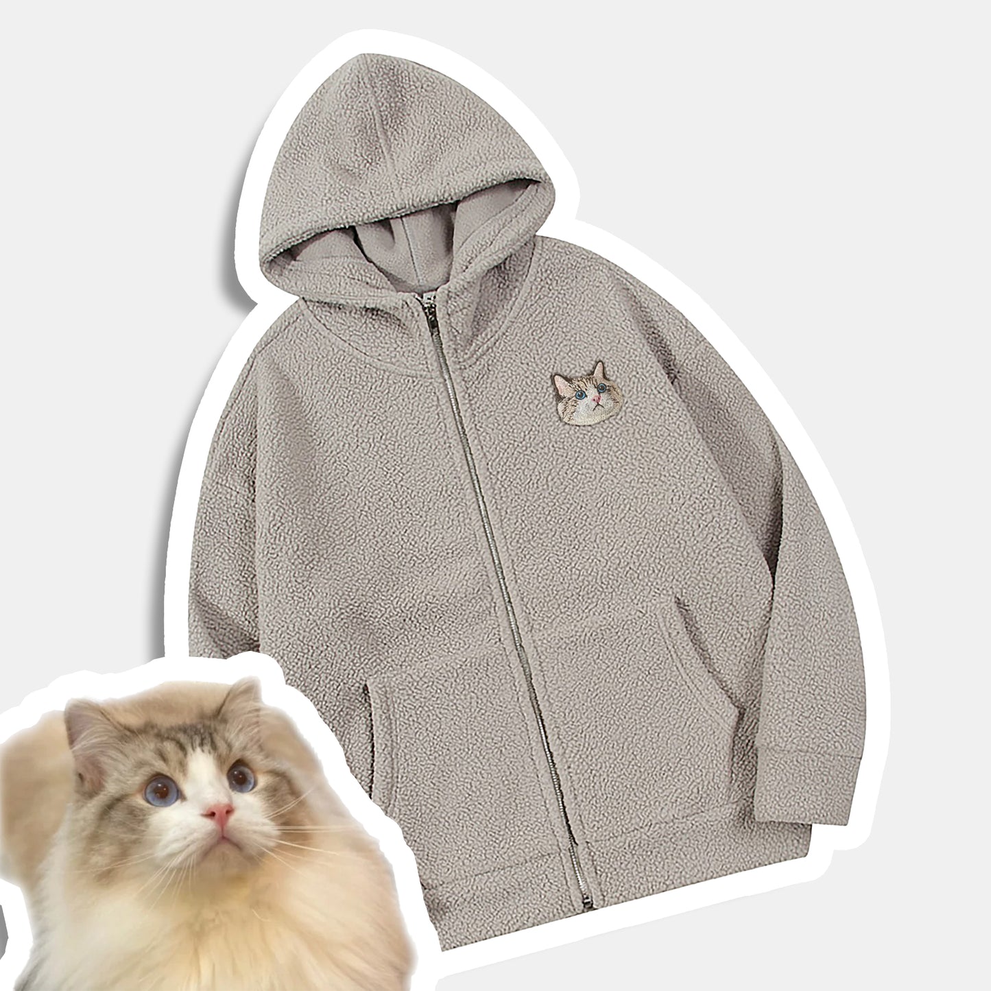 Op maat gemaakte geborduurde huisdierportret Sherpa hoodie jas