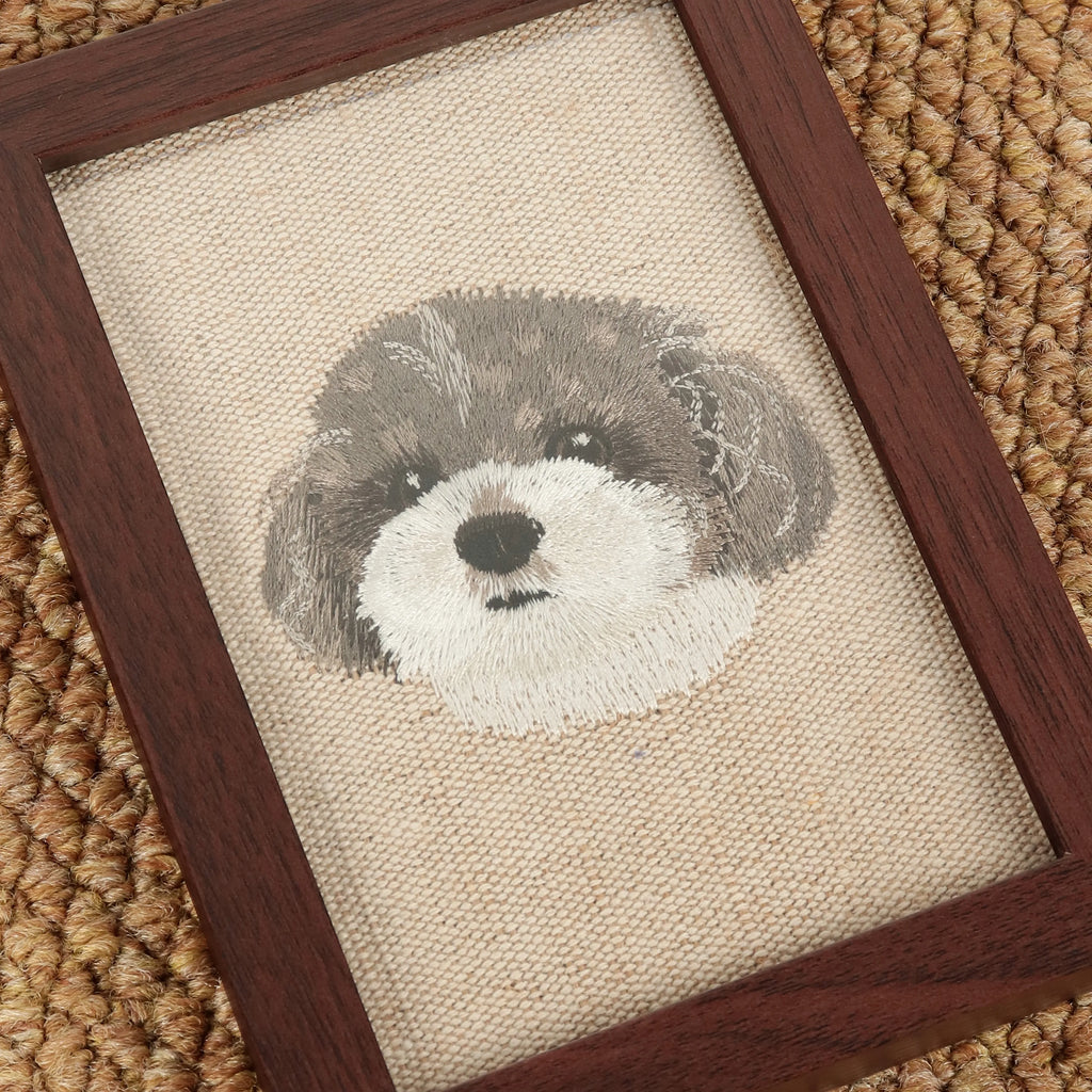 Realistic Custom Pet Portrait Embroidery in Walnut Frame – product photo 8 of a custom embroidered pet portrait frame