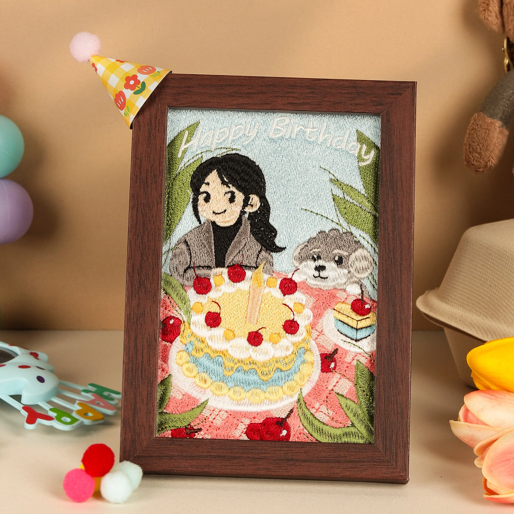 Birthday Themed Custom Photo Frame – product photo 4 of a custom embroidered pet portrait frame