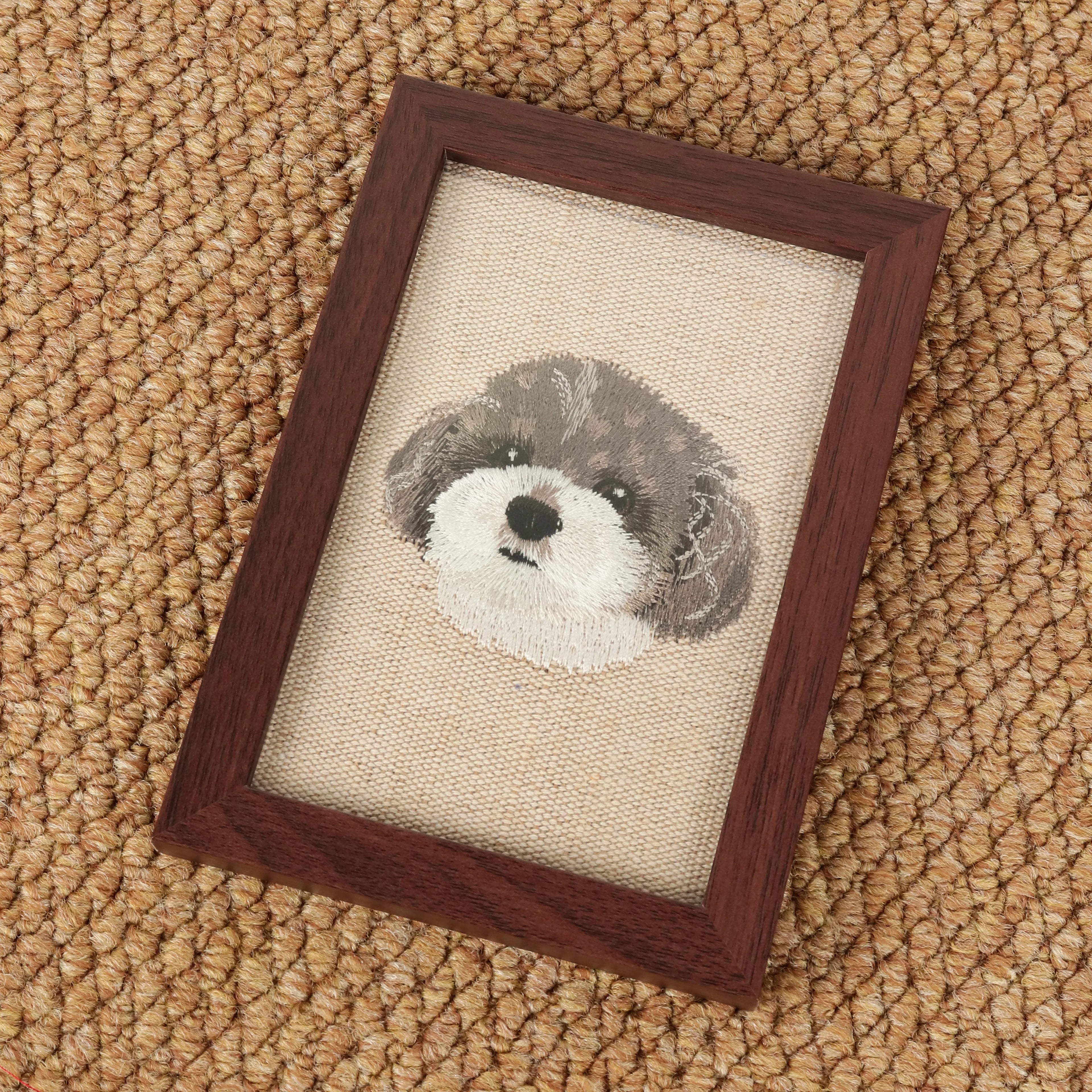Realistic Custom Pet Portrait Embroidery in Walnut Frame – product photo 7 of a custom embroidered pet portrait frame