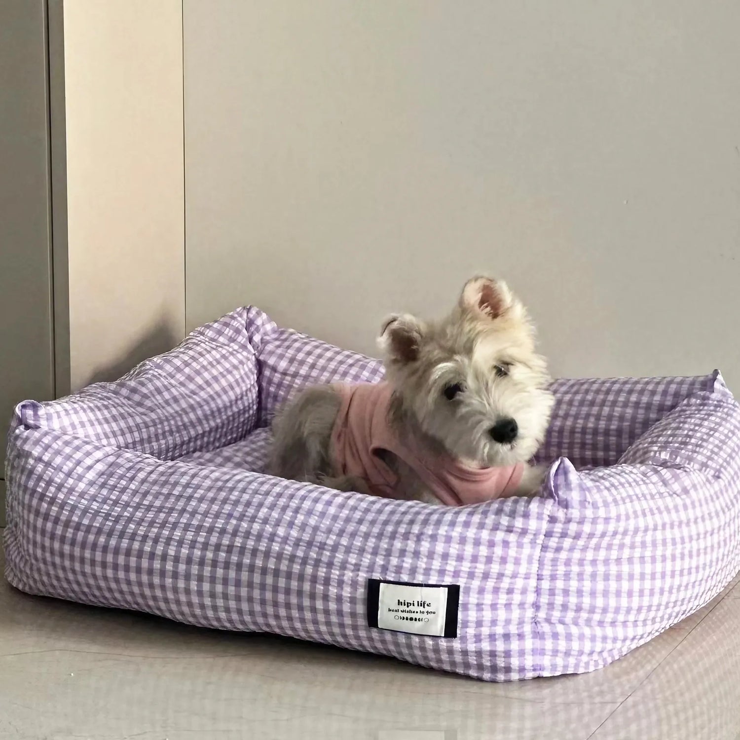 Purple Gingham Pet Bed – main product photo of a custom embroidered pet piece