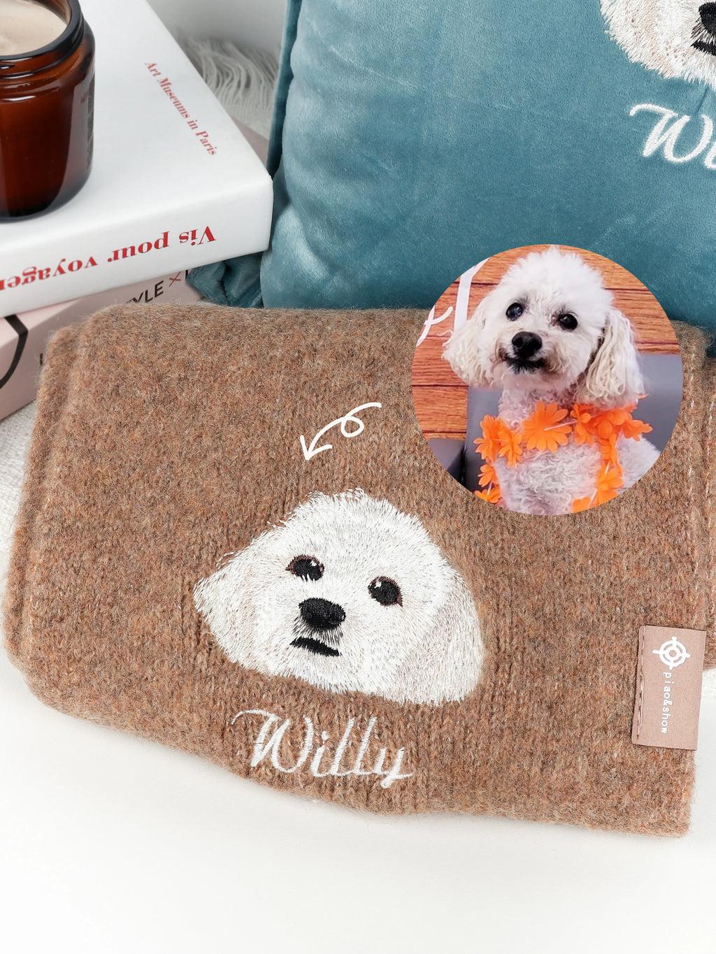 Custom Embroidered Pet Portrait Woven Scarf – product photo 4 of a custom embroidered scarf