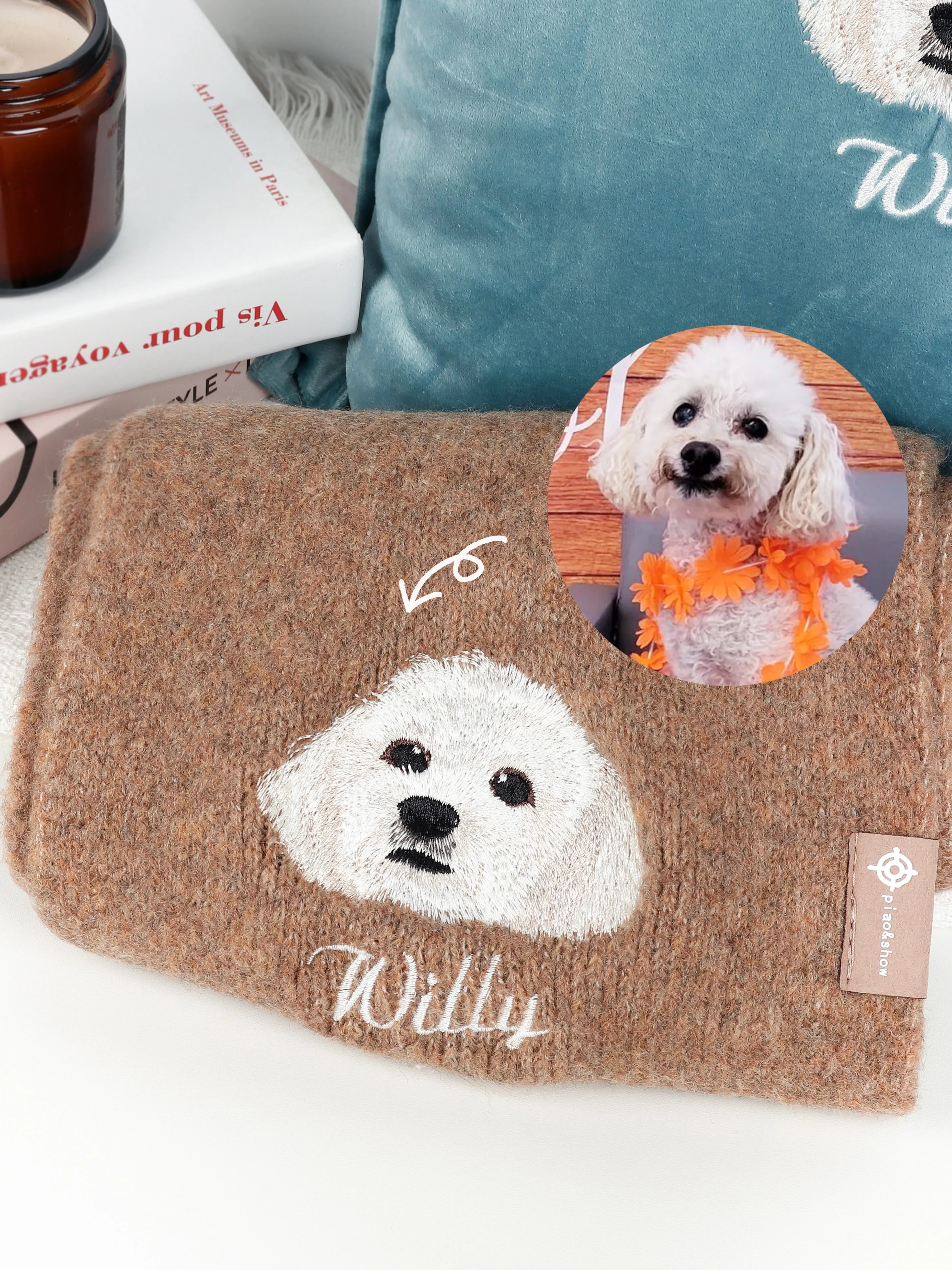 Custom Embroidered Pet Portrait Woven Scarf – product photo 4 of a custom embroidered scarf