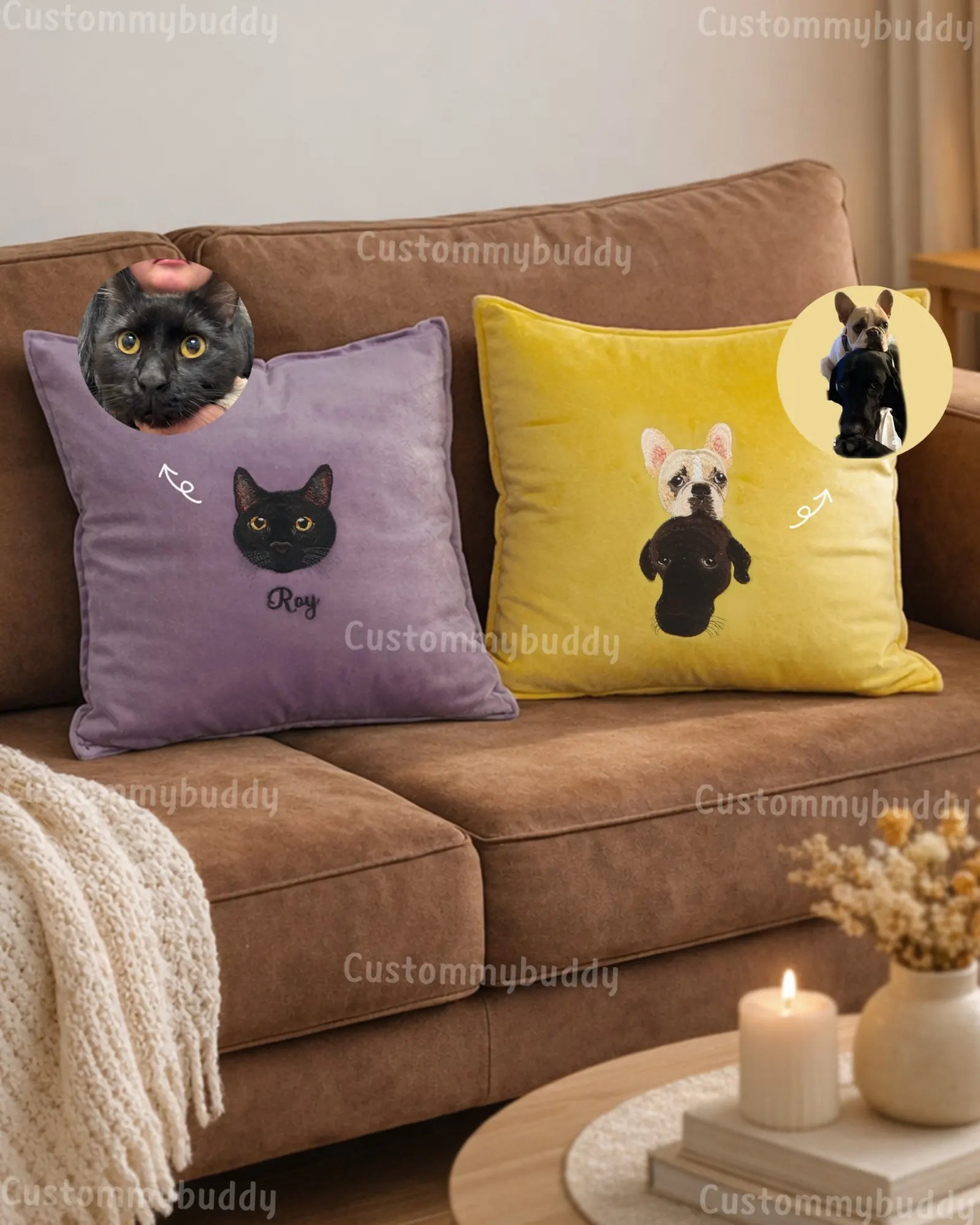 Custom Embroidered Pet Portrait Velvet Cushion – main product photo of a custom embroidered cushion